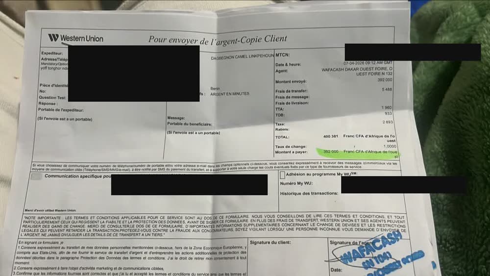Transfert Western Union reçu 392 000 F