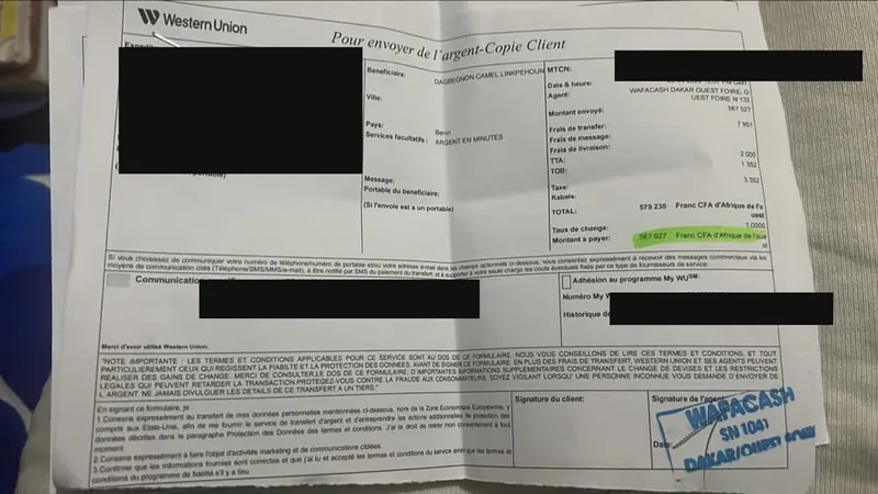 Transfert Western Union reçu 567 927 F