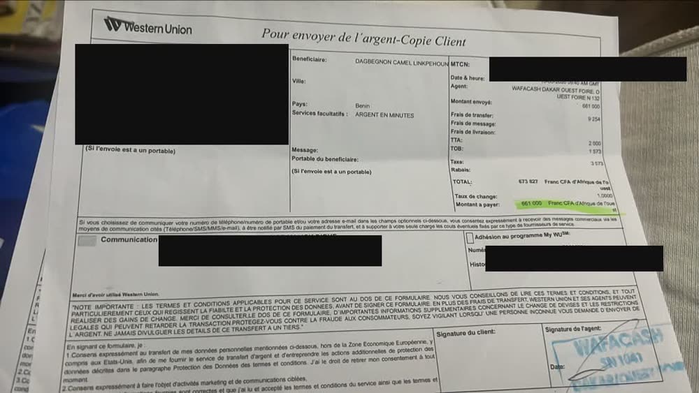 Transfert Western Union reçu 661 000 F